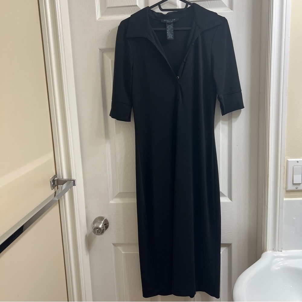 Kenneth Cole Reaction Black Collared Button Up Short Sleeve Elegant Midi Dress